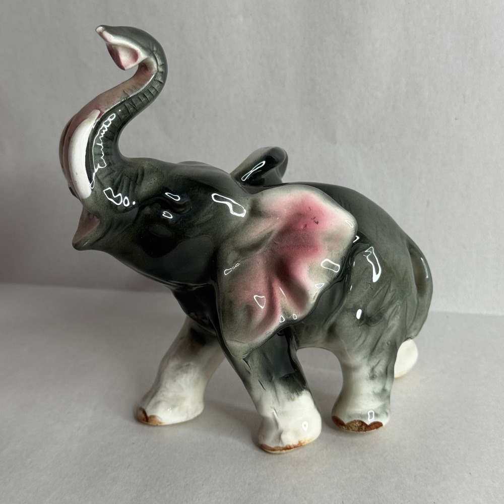 Vintage Ceramic Elephant Figurine Trunk Up Grey Pink Glossy Glaze Made in Japan‎